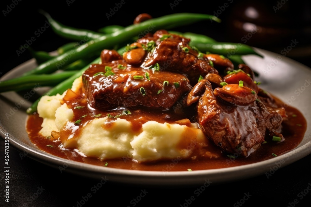 Beef Bourguignon with mashed potatoes and a side of green beans