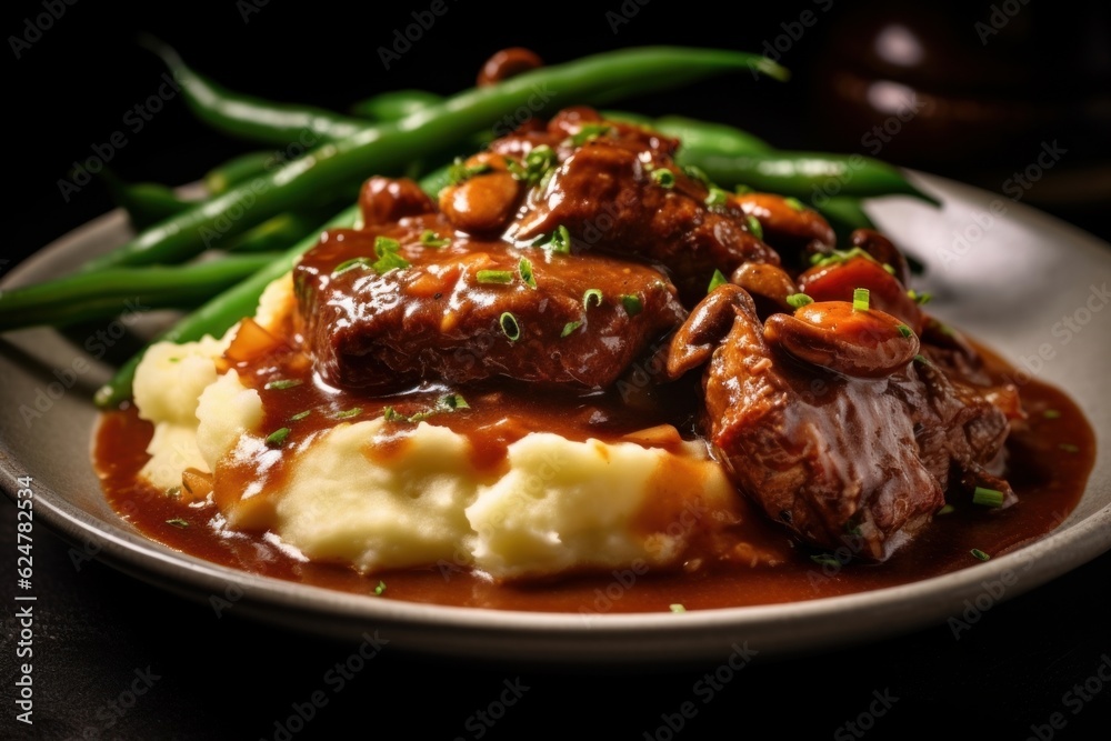 Beef Bourguignon with mashed potatoes and a side of green beans Beef Bourguignon with mashed potatoes and a side of green beans