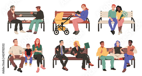 Persons sit on bench. Different people relaxing in park, outdoor wooden seating, chess players, young mother with stroller, romantic couple, parents with child and businessmen, tidy vector set