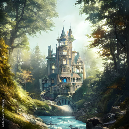 A magnificent glass castle in the middle of a forest with a blue sky and a flowing river. Generative AI