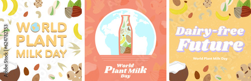 Set of World Plant Milk Day Greeting Cards and quote. Cute illustration of alternative source of milks, coconut, cashew, hazelnut, oats, pistachio, soy, almond, banana. Dairy-free future. Vector Art.
