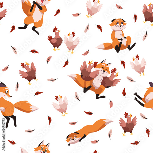 Seamless pattern with chickens and foxes. Funny childish fabric print with cunning wild animal. Decor textile, wrapping paper, wallpaper design. Cartoon flat isolated elements. Vector concept