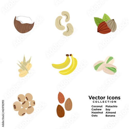 Set of Healthy fruit and nuts Vector Icons isolated on white background. Coconut, cashew, hazelnut, oats, pistachio, soy, almond, banana. Sources of healthy dairy-free milk sources. EPS 10.
