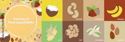 Set of healthy food Vector Icons. Coconut, cashew, hazelnut, oats, pistachio, soy, almond, banana. Sources of healthy plant-milk. Boxed icons. Vector Illustration. EPS 10.