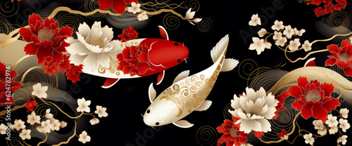 Beautiful watercolor Koi pattern with white and red flowers and colorful red fish. © Saulo Collado