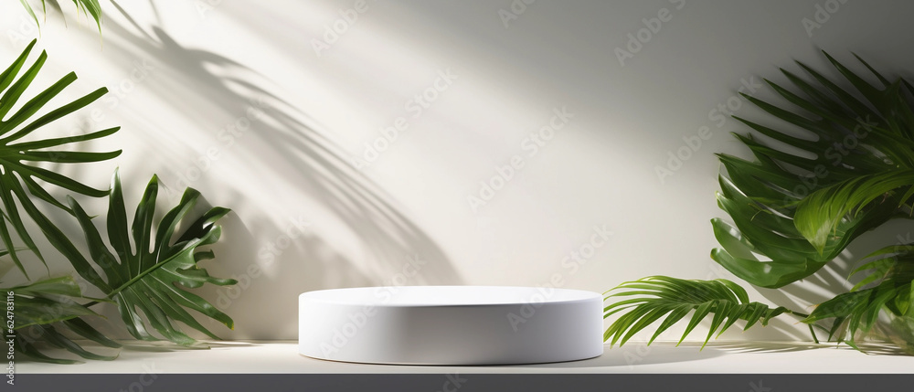 a blank minimal white counter podium with a soft beautiful, dappled sunlight palm foliage leaf shadow on wall for hygiene cosmetic, skincare, beauty treatment product created by generative AI a blank minimal white counter podium with a soft beautiful, dappled sunlight palm foliage leaf shadow on wall for hygiene cosmetic, skincare, beauty treatment product created by generative AI
