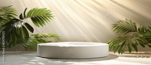a blank minimal white counter podium with a soft beautiful, dappled sunlight palm foliage leaf shadow on wall for hygiene cosmetic, skincare, beauty treatment product created by generative AI