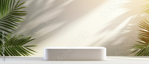 a blank minimal white counter podium with a soft beautiful, dappled sunlight palm foliage leaf shadow on wall for hygiene cosmetic, skincare, beauty treatment product created by generative AI