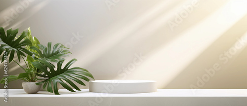 a blank minimal white counter podium with a soft beautiful, dappled sunlight palm foliage leaf shadow on wall for hygiene cosmetic, skincare, beauty treatment product created by generative AI