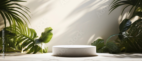 a blank minimal white counter podium with a soft beautiful, dappled sunlight palm foliage leaf shadow on wall for hygiene cosmetic, skincare, beauty treatment product created by generative AI