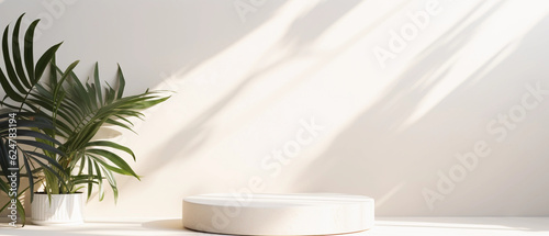 a blank minimal white counter podium with a soft beautiful, dappled sunlight palm foliage leaf shadow on wall for hygiene cosmetic, skincare, beauty treatment product created by generative AI