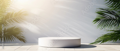 a blank minimal white counter podium with a soft beautiful, dappled sunlight palm foliage leaf shadow on wall for hygiene cosmetic, skincare, beauty treatment product created by generative AI