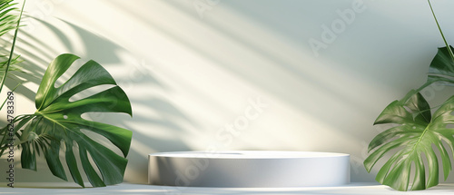 a blank minimal white counter podium with a soft beautiful, dappled sunlight palm foliage leaf shadow on wall for hygiene cosmetic, skincare, beauty treatment product created by generative AI