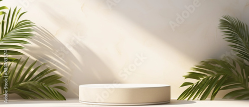 a blank minimal white counter podium with a soft beautiful, dappled sunlight palm foliage leaf shadow on wall for hygiene cosmetic, skincare, beauty treatment product created by generative AI