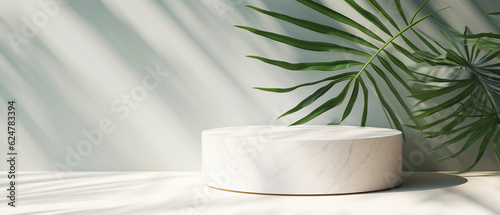 a blank minimal white counter podium with a soft beautiful, dappled sunlight palm foliage leaf shadow on wall for hygiene cosmetic, skincare, beauty treatment product created by generative AI