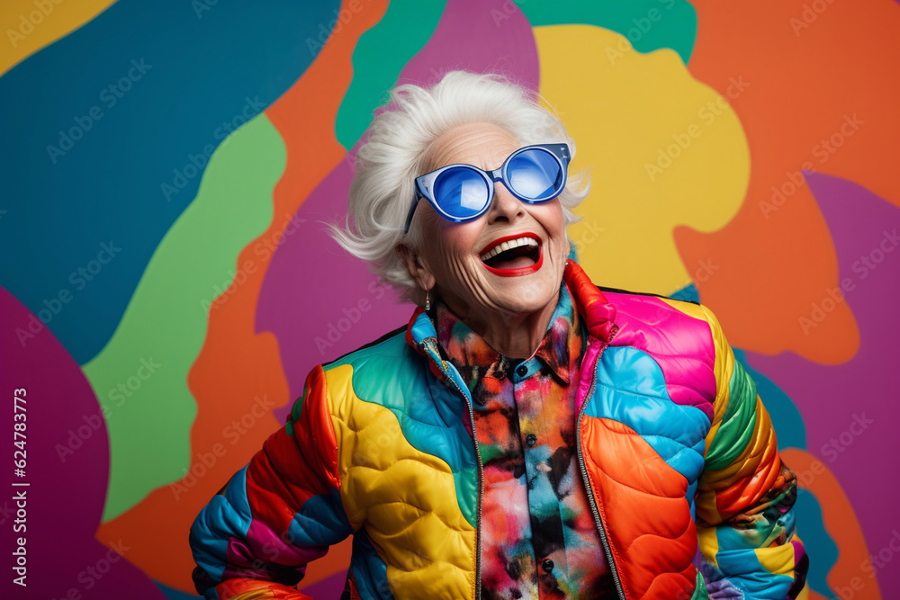 Portrait of an Elderly Gray-Haired Woman in Colorful Attire Against a Vibrant Multicolored Background. AI Generative