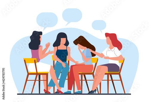 Women sit together in circle and discuss their problems, comforting and encouraging each other. Ladies care and support. Sisterhood helping. Cartoon flat style isolated vector concept