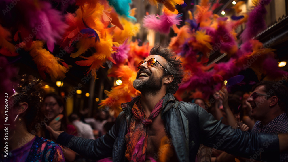 A man in colorful feathers rejoices at the festival. LGBT. AI Generative A man in colorful feathers rejoices at the festival. LGBT. AI Generative