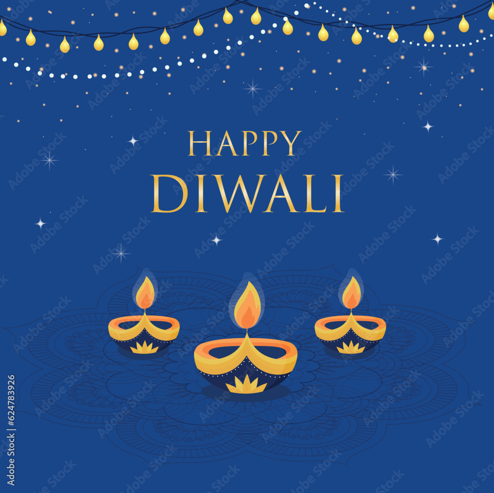 Naklejka premium Happy Diwali. Festive Diwali card. Design template with candles, golden lights and lanterns on a colorful blue background, mandala. vector holiday illustration