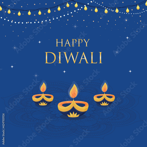 Happy Diwali. Festive Diwali card. Design template with candles, golden lights and lanterns on a colorful blue background, mandala. vector holiday illustration