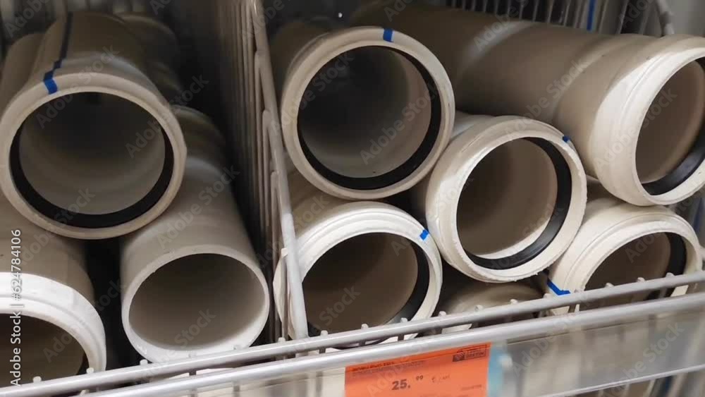 Antalya, Turkey, June 10, 2023. Grey plastic sewer pipes in the shop window Antalya, Turkey, June 10, 2023. Grey plastic sewer pipes in the shop window