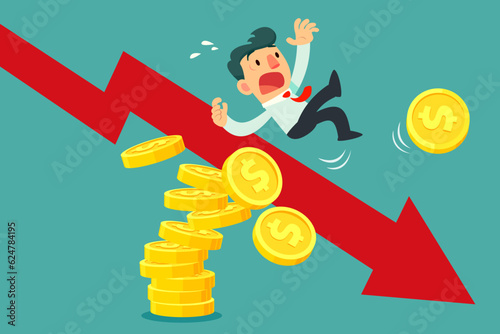 businessman falling from stack of gold coins