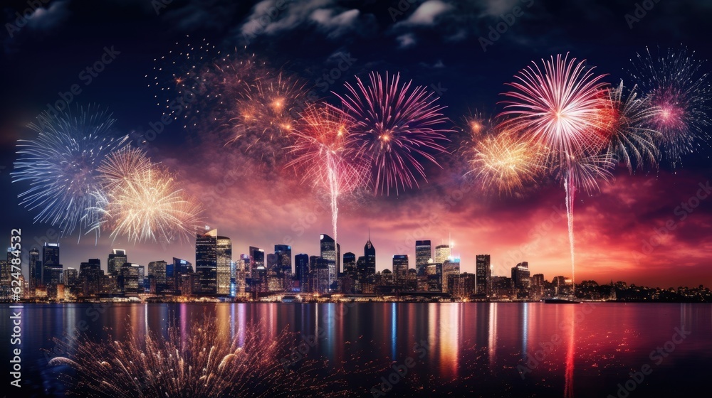 Obraz premium Close up of brilliant fireworks exploding in the night sky, generative ai