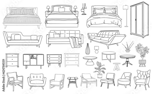 Fototapeta Collection of elegant modern furniture and home interior decorations of trendy Mid Century modern retro 70s t style hand drawn black sketch on transparent background. Monochrome vector illustration.