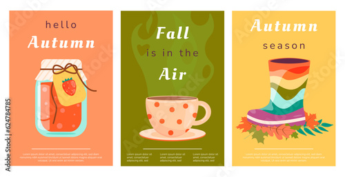 Set of cute autumn illustrations. Fall is in the air. Vector templates for cards, posters, flyers, covers and more. Hello Autumn. 