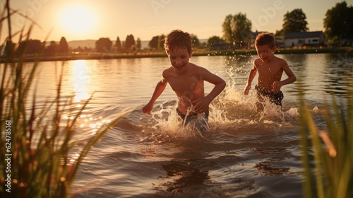Gluckliche Junge Menschen Laufen Und Springen Am See Beim Sonnenuntergang  generative ai