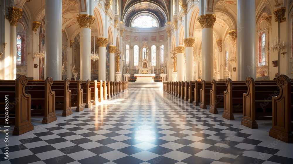 Interior of ornate cathedral with stained glass windows and columns, generative ai