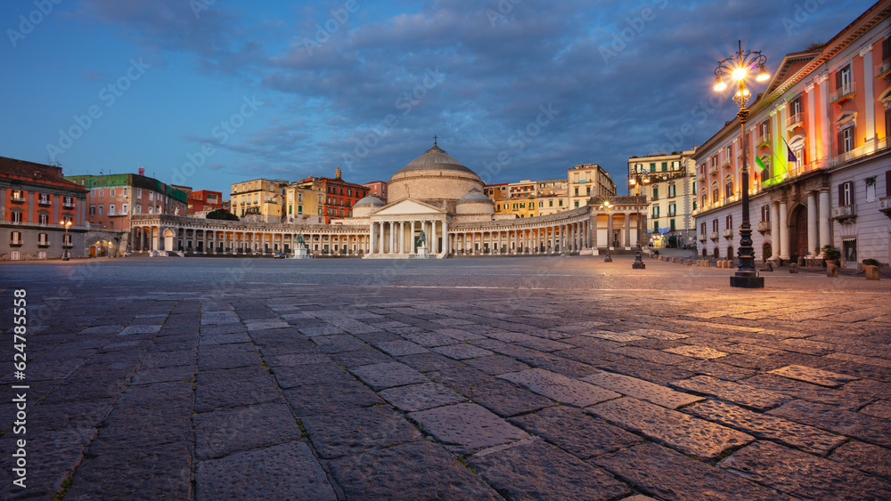 Naples, Italy. Cityscape image of Naples, Italy with the view of large public town square Piazza del Plebiscito at night.