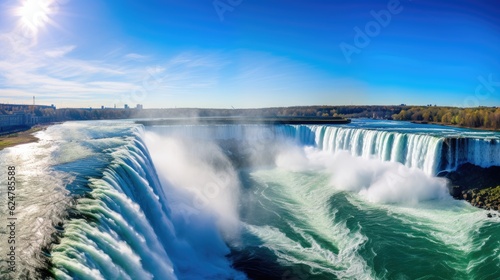 Panoramic landscape of Niagara Falls stretching across horizon  generative ai