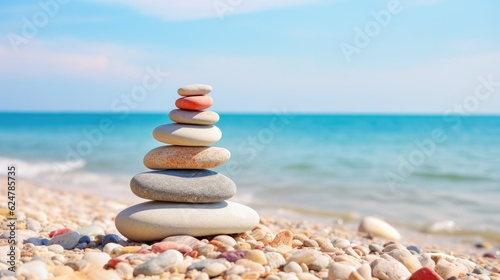 Perfectly round pebble stones stacked up on a sandy beach, generative ai