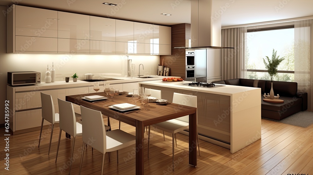 Stylish Apartment Interior With Modern Kitchen Idea For Home Design, generative ai