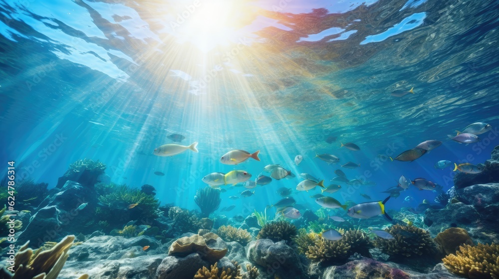 Underwater scene with sunlight streaming down and schools of tropical fish, generative ai