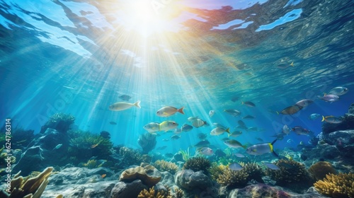Underwater scene with sunlight streaming down and schools of tropical fish  generative ai
