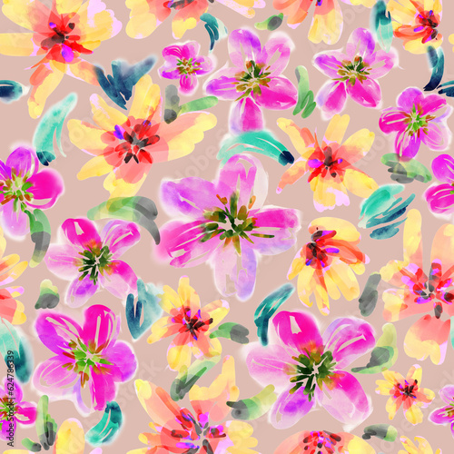 Watercolor drawing. Seamless floral pattern with bright colorful flowers and leaves. Elegant template for fashion prints. Modern floral background. Fashionable folk style. Ethnic style. Neon © Elli