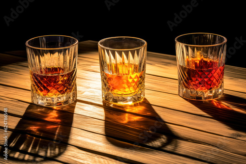 Three glasses of whiskey are sitting on a wooden surface, drinks on a wooden table.