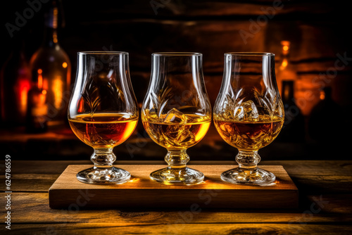 Three glasses of whiskey are sitting on a wooden surface, drinks on a wooden table.