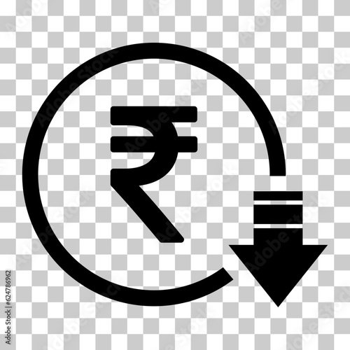 Cost reduction- decrease rupee icon. Vector symbol isolated on background