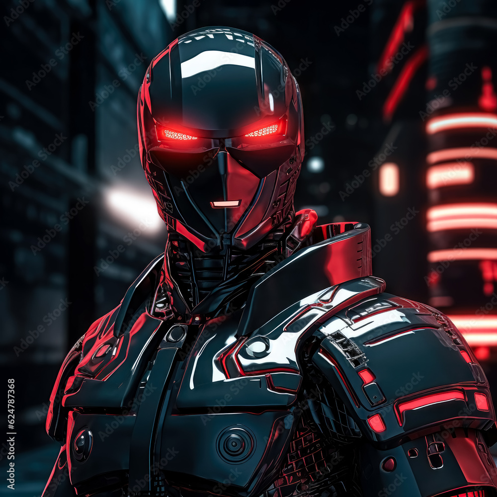 Comic superhero in metal red armor with red lights behind him, in the style of 3d, futuristic robot, glowing red eyes, standing against a dark, city background, robot, cyborg, android man. Comic superhero in metal red armor with red lights behind him, in the style of 3d, futuristic robot, glowing red eyes, standing against a dark, city background, robot, cyborg, android man.