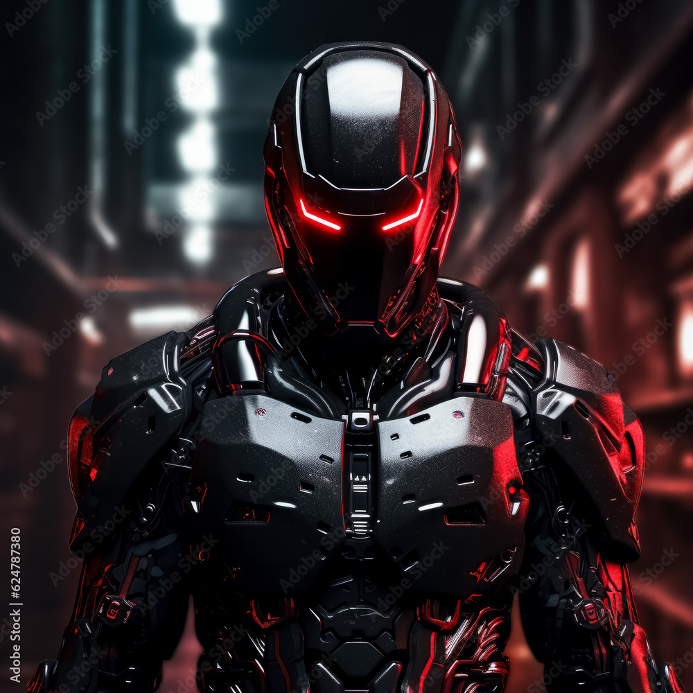 Comic superhero in metal red armor with red lights behind him, in the style of 3d, futuristic robot, glowing red eyes, standing against a dark, city background, robot, cyborg, android man. Comic superhero in metal red armor with red lights behind him, in the style of 3d, futuristic robot, glowing red eyes, standing against a dark, city background, robot, cyborg, android man.