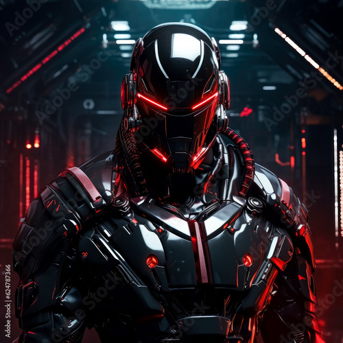 Comic superhero in metal red armor with red lights behind him, in the style of 3d, futuristic robot, glowing red eyes, standing against a dark, city background, robot, cyborg, android man. © Saulo Collado
