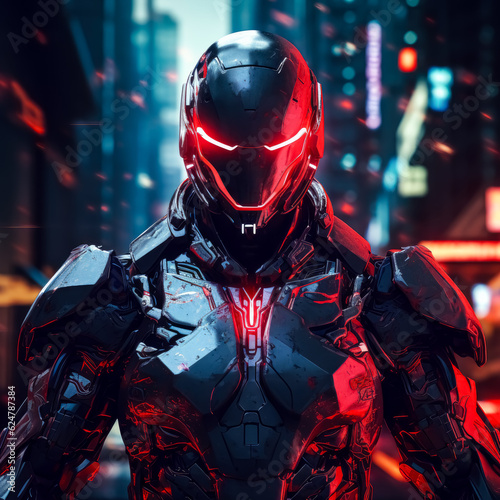 Comic superhero in metal red armor with red lights behind him, in the style of 3d, futuristic robot, glowing red eyes, standing against a dark, city background, robot, cyborg, android man. © Saulo Collado