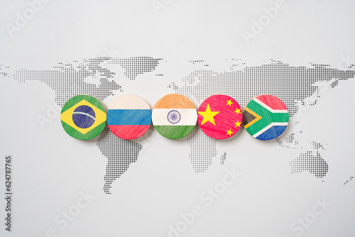 Brazil Russia India China and South Africa flag on world map for BRICS economic international cooperation concept.