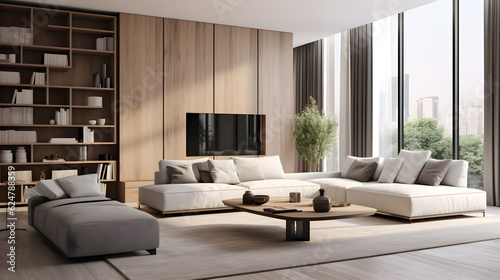 modern living room in wood with tv chairs and couch © Fiva