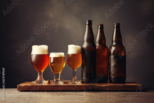 Some glasses of beer and beer bottles on a wooden table. Generative AI