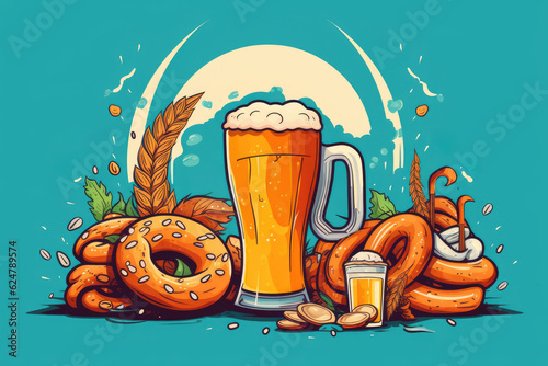 Full glass of beer with foam, pretzel loaf and wheat ears for october fest holiday. Octoberfest Beer pub vector illustration. Generative AI