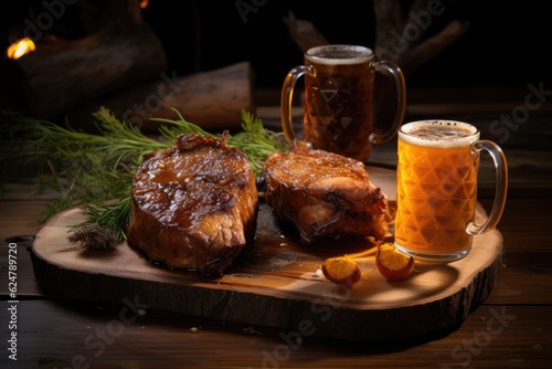 grilled meat and a mug of beer on a wooden background. Generative AI